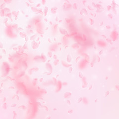 Sakura petals falling down. Romantic pink flowers gradient. Flying petals on pink square background.