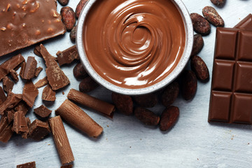 Melting chocolate  or melted chocolate with a chocolate swirl. Many stack and chips with powder.