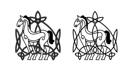 Celtic pattern design with knot and horses. Vector illustration.