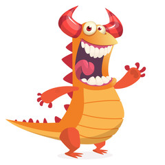 Happy cartoon orange monster dragon. Halloween vector illustration of excited troll 