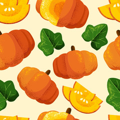 Pumpkins seamless pattern with vintage style botanical hand drawn illustration