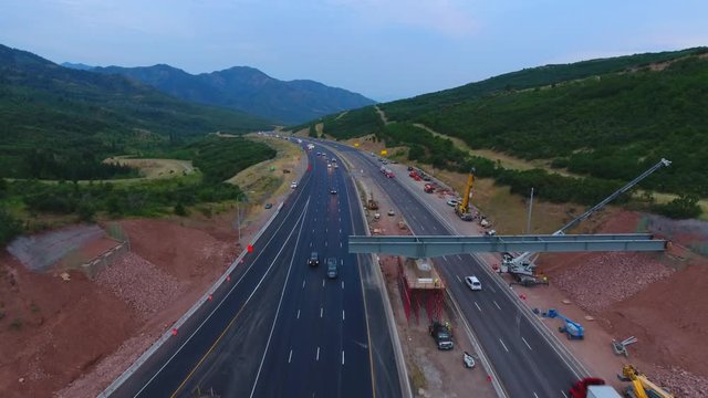 Aerial over highway bridge construction. 