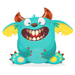 Happy cartoon monster. Vector Halloween blue furry monster character sitting