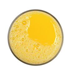 orange juice in glass isolated on white, top view