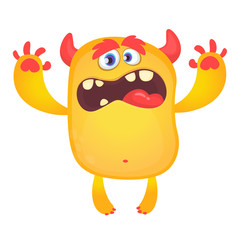 Funny small monster waving hands. Orange Halloween character