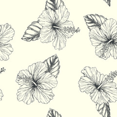 Vector vintage seamless pattern with tropical flowers isolated on white. Hibiscus with leaves in engraving style. Hand drawn floral  texture