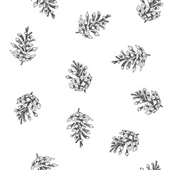 Materiał do szycia Vector seamless pattern with natural elements. Pine cones sketch isolated on white. Hand drawn forest texture.
