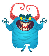 Happy cartoon monster. Vector Halloween blue furry monster