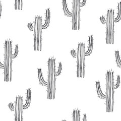 Vector seamless pattern with cactus isolated on white. Hand drawn texture with desert plants. Stylized prairie landscape. Floral sketch.