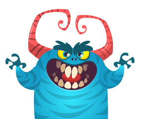 Happy cartoon monster. Vector Halloween blue furry monster