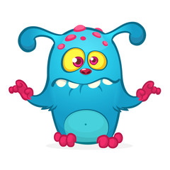 Happy cartoon monster. Vector Halloween blue furry monster