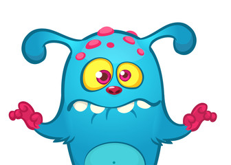 Happy cartoon monster alien. Vector Halloween blue furry monster