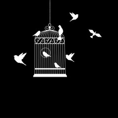 bird cage with birds flying vector illustration