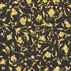 Seamless pattern with golden ornament. Black background