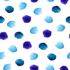 Fototapeta na wymiar Navy blue, violet watercolor hand painted polka dot seamless pattern on white background. Acrylic ink circles, confetti round texture. Abstract vector illustration for fabric textile, greeting cards.