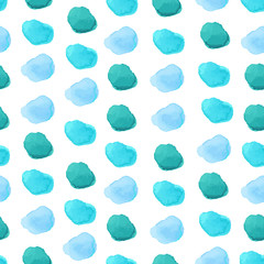 Mint, green, turquoise blue pastel watercolor hand painted polka dot seamless pattern on white background. Gold circles, confetti glitter round texture. Vector illustration for baby kid fabric textile