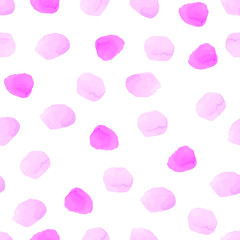 Pink, magenta, rose powder pastel watercolor hand painted polka dot seamless pattern on white background. Circles confetti glitter round texture. Vector repeat illustration for baby kid fabric textile