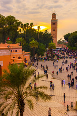 Sunset main mosque of the Djemaa el-fna main square, Marrakesh, Morocco in Africa