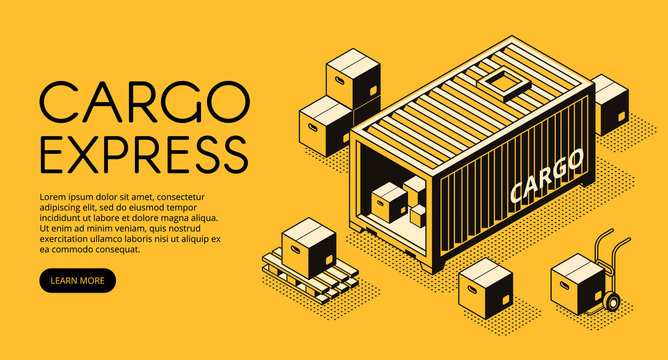 Cargo container logistics vector illustration of warehouse with parcel boxes unload on pallet for express delivery or freight shipping. Isometric black thin line art on yellow halftone background