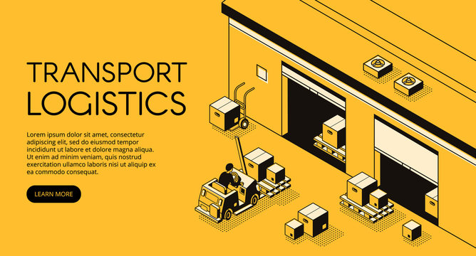 Warehouse transport logistics vector illustration of storehouse worker on loader truck pallet with parcels and boxes for delivery shipping. Isometric black thin line art on yellow halftone background