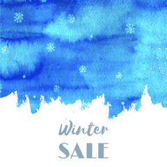 Winter sale. Hand paint blue watercolor texture with snowflakes isolated on white background. Ink dry brush stains, strokes, splash, smudge on banner, badge, tag for shop, market, package. Vector logo