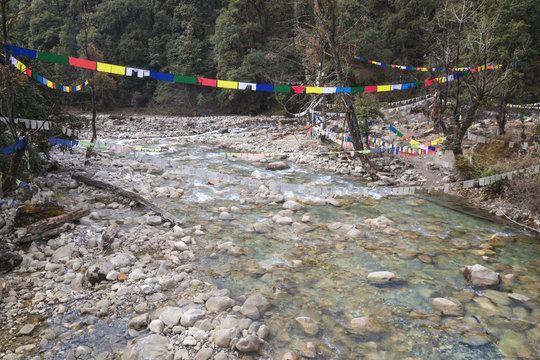 Traditional prayer Tibetan Buddhist flags Lung Ta over the river in Bhutan in the Thimphu River valley.
