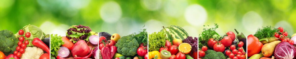 Collage fruits and vegetables separated vertical lines on natural blurred background.