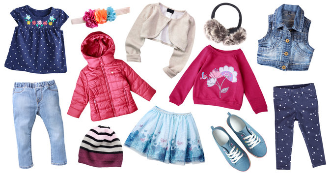 Fashion child's clothes set isolated.Girl's clothing collage.