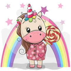 Naklejka premium Cute Unicorn in coat and with Lollipop