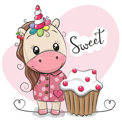 Greeting card Cute Unicorn with cake