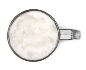 Mug of beer with bubble on glass isolated on white, top view