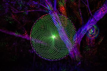 Mandala meditating glowing patterns in the night