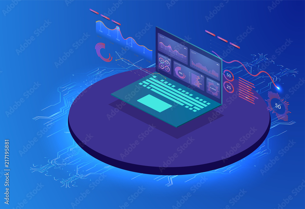 Poster financial review with laptop and infographic elements. isometric set of infographics with data finan