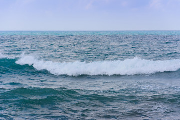 the foamy wave runs along the sea surface