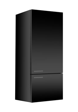 Black refrigerator with freezer on white background. Modern 3d fridge with door. Home kitchen electrical appliance. 