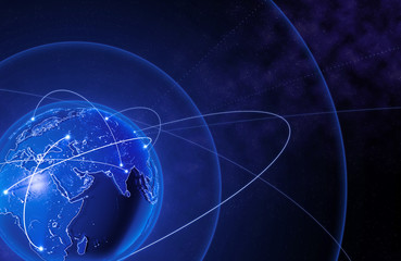 Connection lines and orbits Around Earth Globe, Theme Background with Light Effect. 3D illustration/Global International Connectivity Background. 3D renderings. Global cryptocurrency