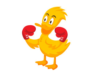 Cute Yellow Boxing Duck Character Illustration In Isolated White Background
