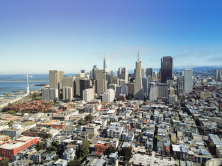 Fototapeta premium Aerial view Jackson Square neighborhood with downtown skylines and Bay Bridge in background