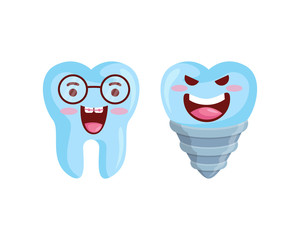 Cute Dental Clinic Dental Implant And Braces Couple Cartoon Character Illustration In Isolated White Background