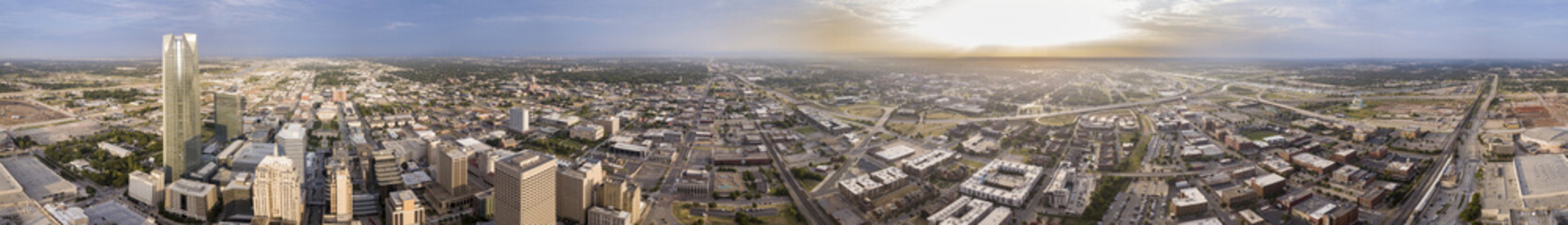 360 degree aerial panorama of Oklahoma City at dawn.