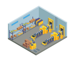 Obraz premium Modern Isometric Factory Manufacture Interior With Conveyor Belt Machine Illustration 
