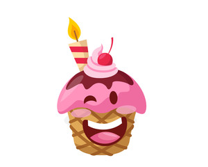 Happy Cute Delicious Strawberry Cupcake Birthday Cake Cartoon Character Illustration