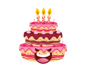 Happy Cute Delicious Strawberry Chocolate Birthday Cake Cartoon Character Illustration