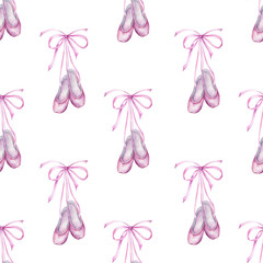 Watercolor hand painted seamless pattern of ballet slippers. © Lora