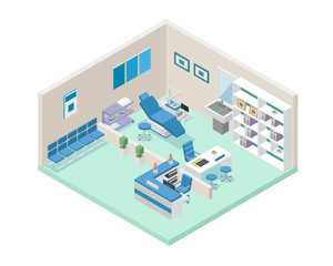 Modern Hospital Dentistry Room Area Interior in Isometric View Illustration In Isolated White Background