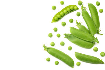 fresh green peas isolated on white background. top view