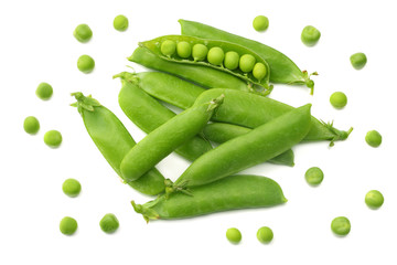fresh green peas isolated on white background. top view