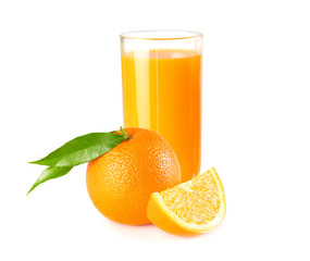 orange juice with orange slices and green leaf isolated on white background. juice in glass