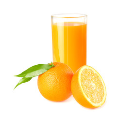 orange juice with orange slices and green leaf isolated on white background. juice in glass