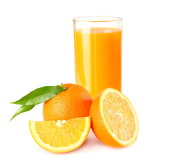 orange juice with orange slices and green leaf isolated on white background. juice in glass